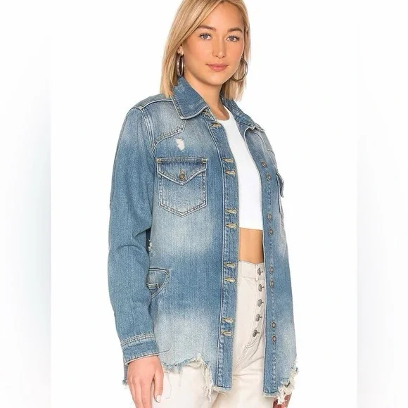 Free People We The Free Distressed Long denim Jacket Size M - Picture 2 of 6